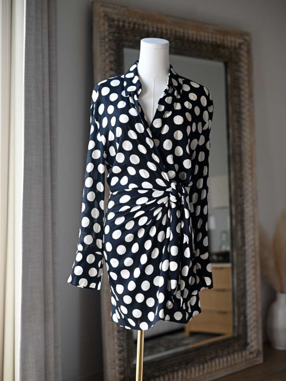 ZARA Black & White Polka Dot Wrap Dress Size Medium Long Sleeve Tie Waist